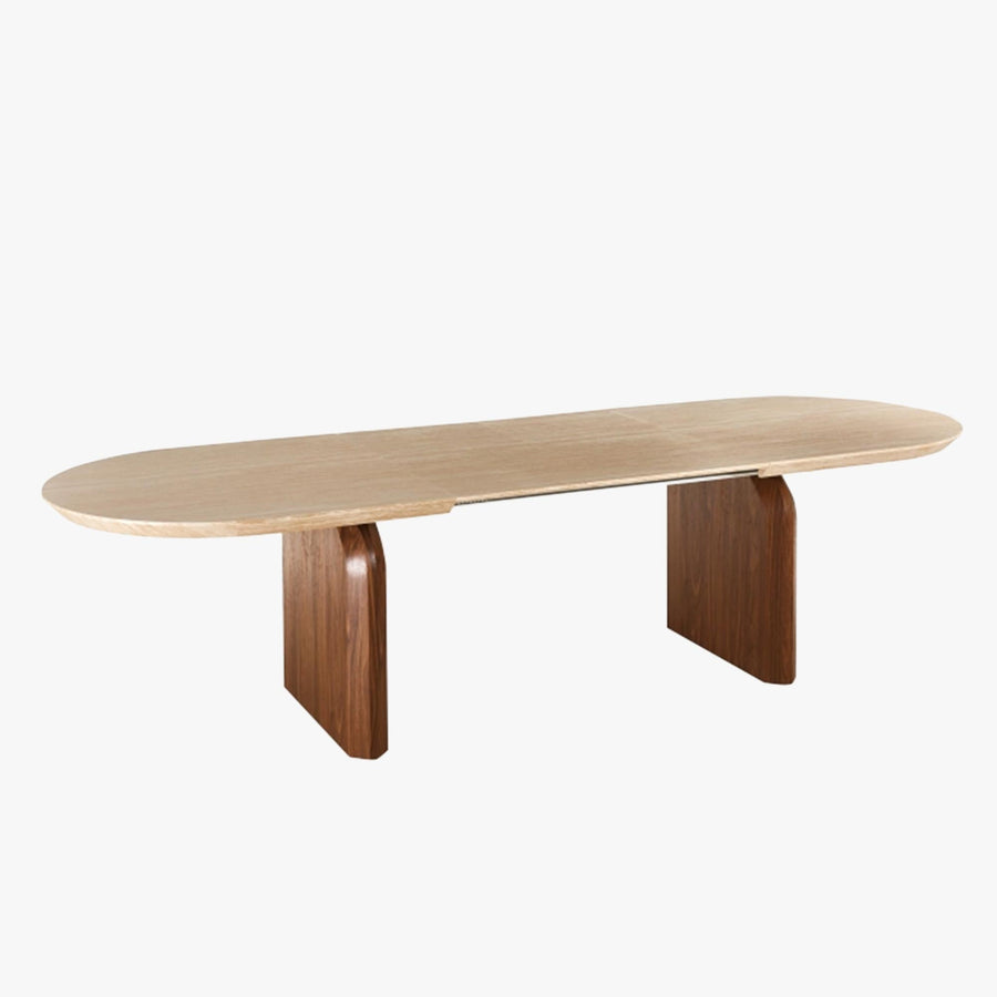DANTE Table à manger ovale extensible couleur travertin et bois foncé 200-300 cm — aperçu vidéo
