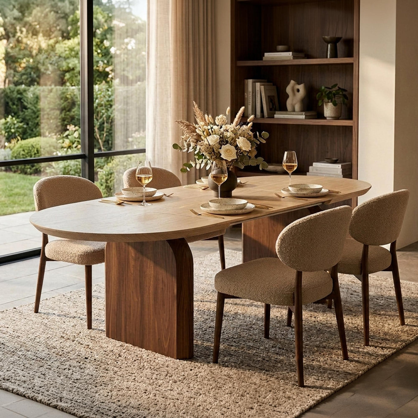 DANTE Table à manger ovale extensible couleur travertin et bois foncé 200-300 cm