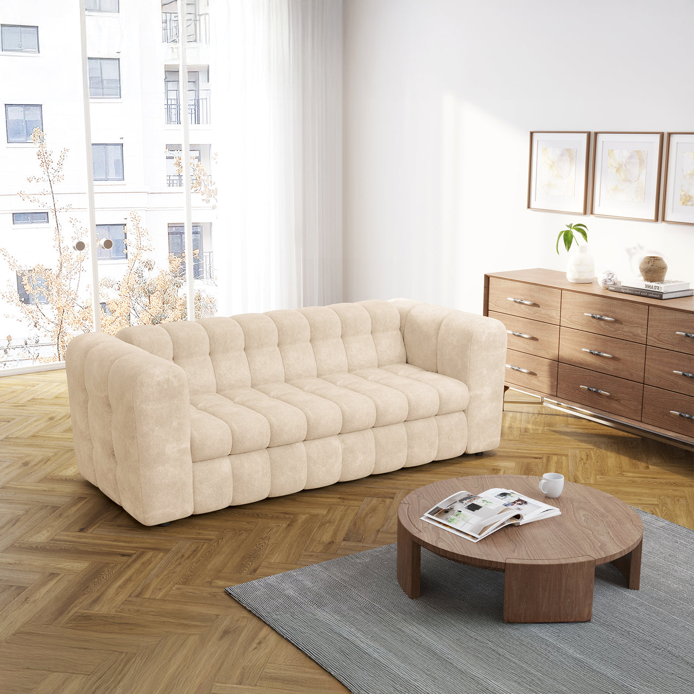 DARIA Canapé 3 places convertible en tissu matelassé beige matelas 14 cm