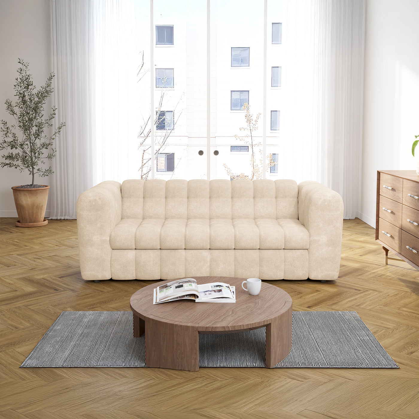 DARIA Canapé 3 places convertible en tissu matelassé beige matelas 14 cm