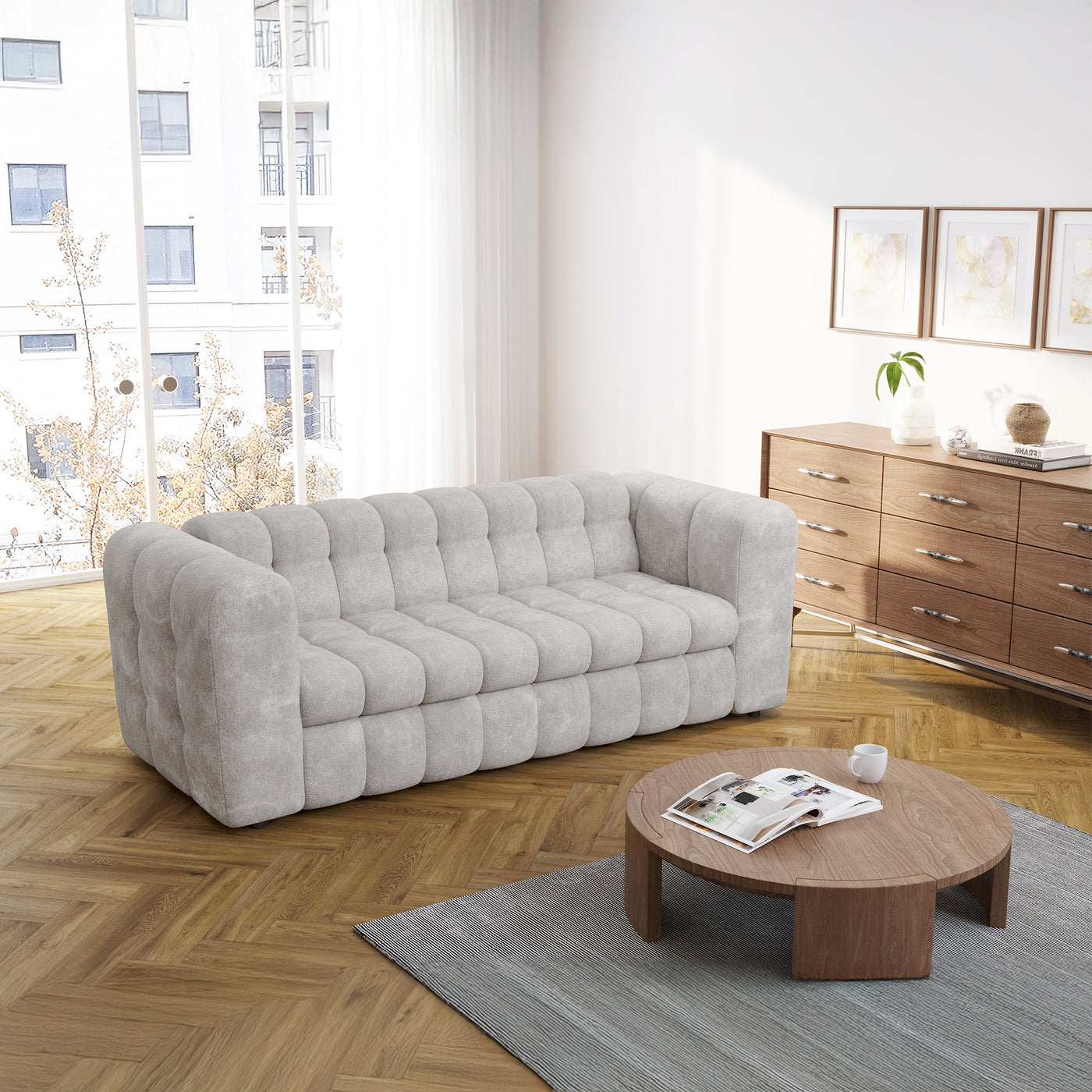 DARIA Canapé 3 places convertible en tissu matelassé gris matelas 14 cm