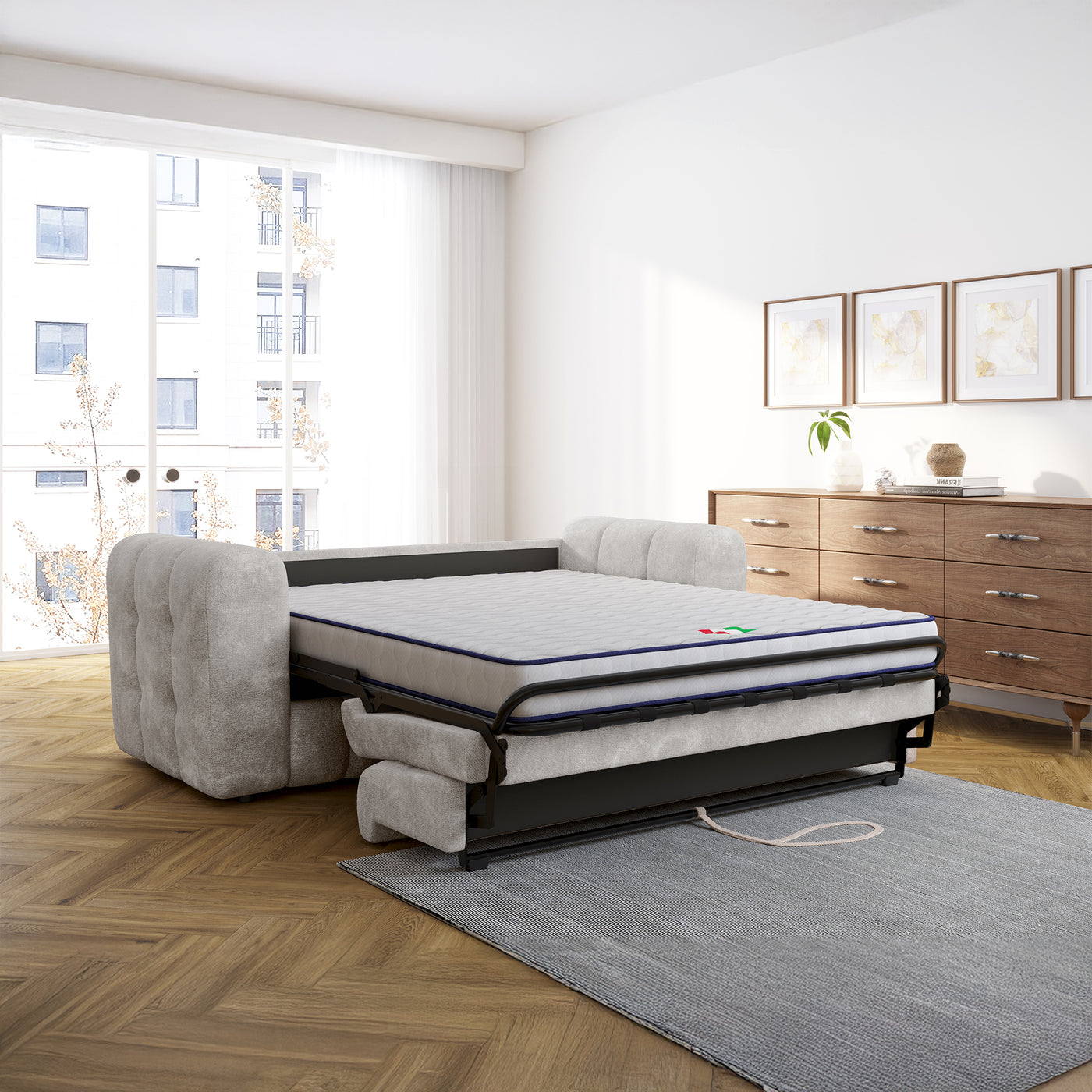 DARIA Canapé 3 places convertible en tissu matelassé gris matelas 14 cm