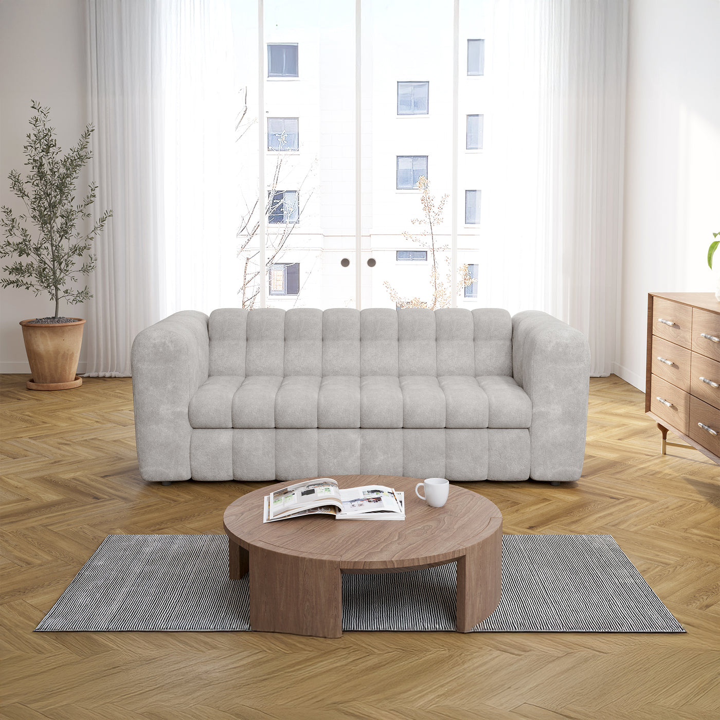 DARIA Canapé 3 places convertible en tissu matelassé gris matelas 14 cm