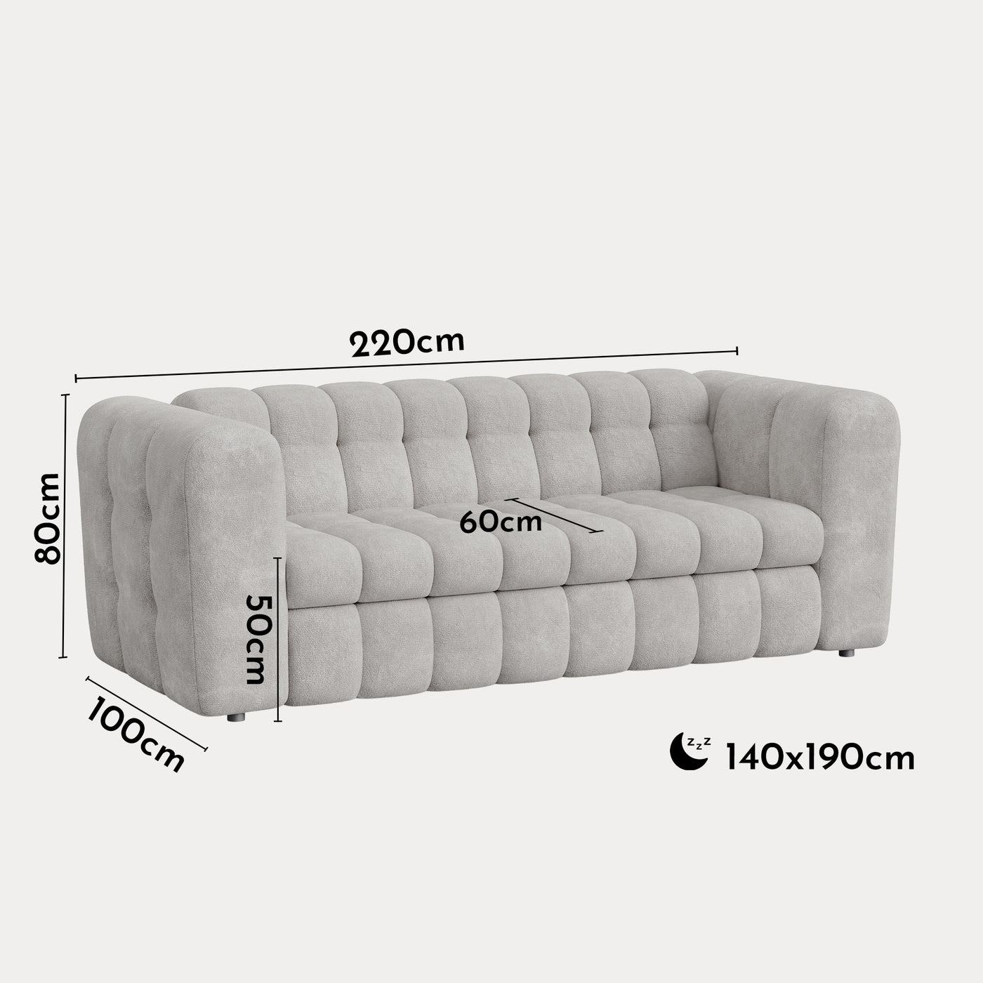 DARIA Canapé 3 places convertible en tissu matelassé gris matelas 14 cm