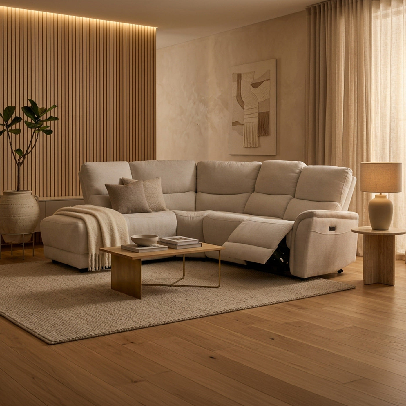 DAVY Canapé d'angle relax électrique en tissu blanc écru - Angle gauche - Canapé relax - Mobilier Deco
