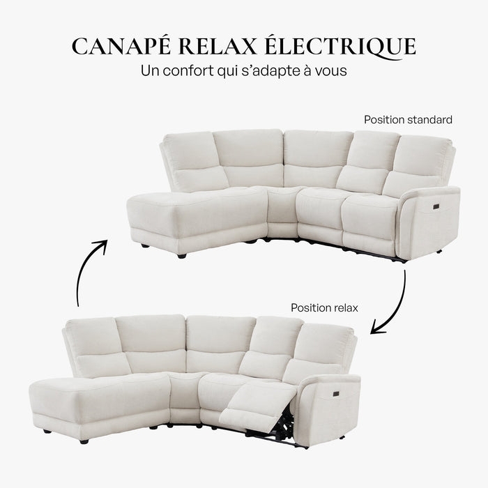 DAVY Canapé d'angle relax électrique en tissu blanc écru - Angle gauche
