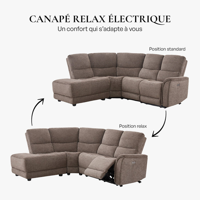 DAVY Canapé d'angle relax électrique en tissu marron - Angle gauche