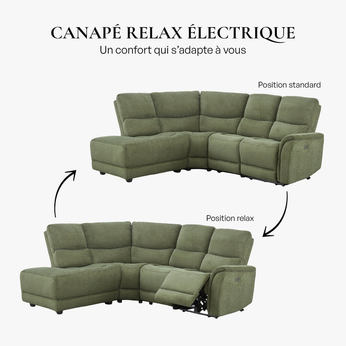 DAVY Canapé d'angle relax électrique en tissu vert - Angle gauche