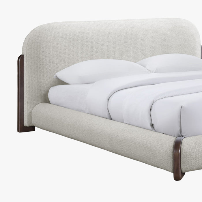 DELYA Lit double en tissu beige et bois foncé 140x190 cm