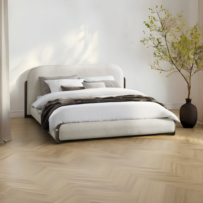DELYA Lit double en tissu beige et bois foncé 180x200 cm