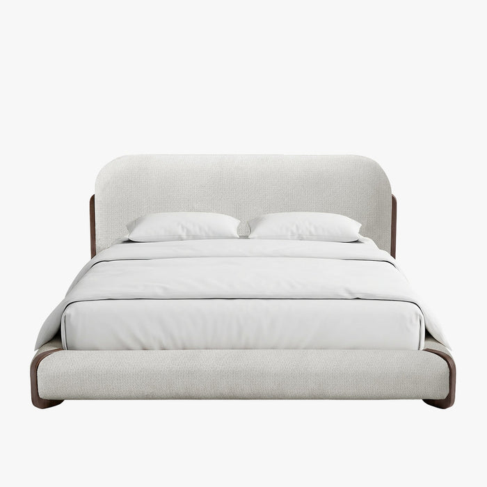 DELYA Lit double en tissu beige et bois foncé 180x200 cm