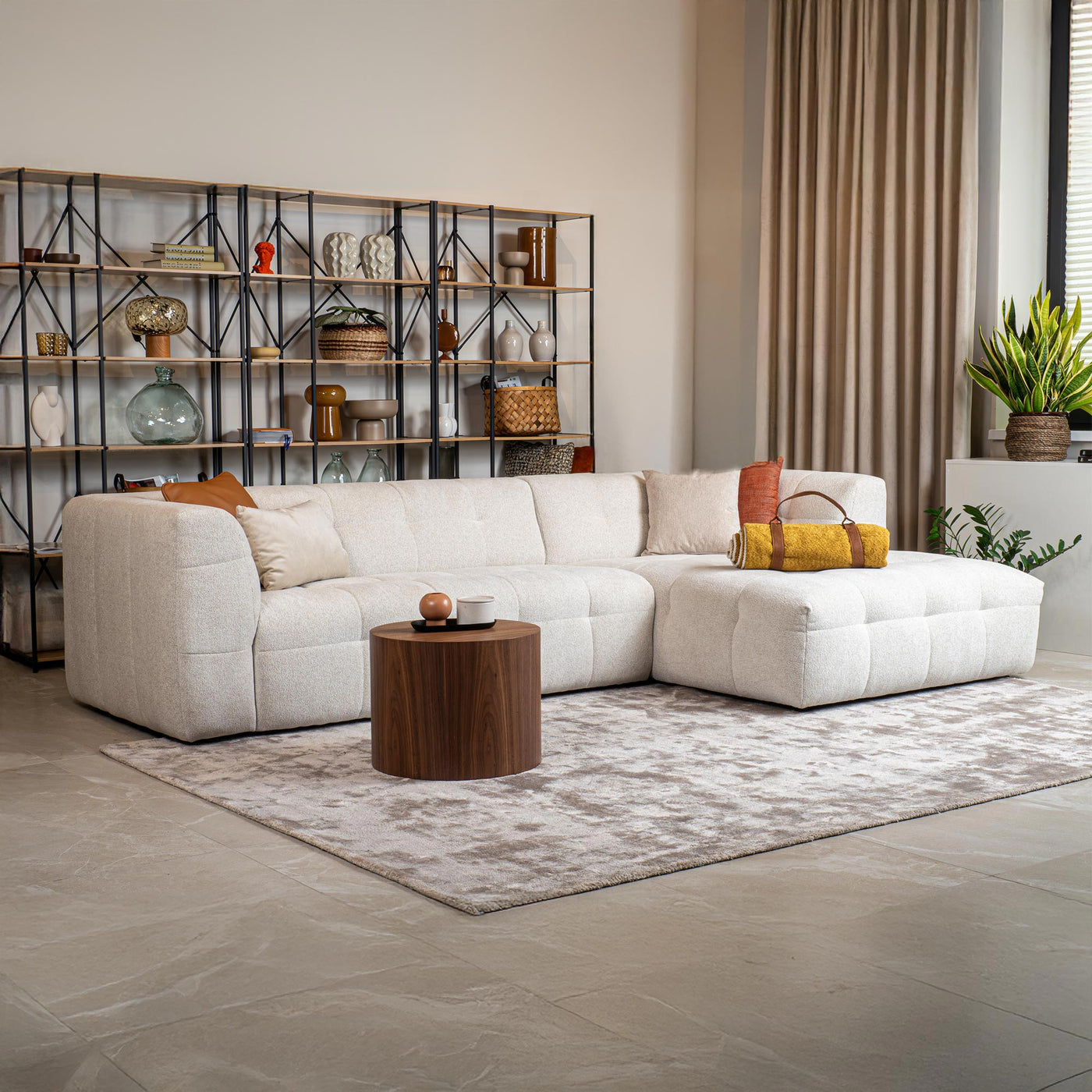 DEYNA Canapé d’angle en tissu capitonné beige - Angle droit