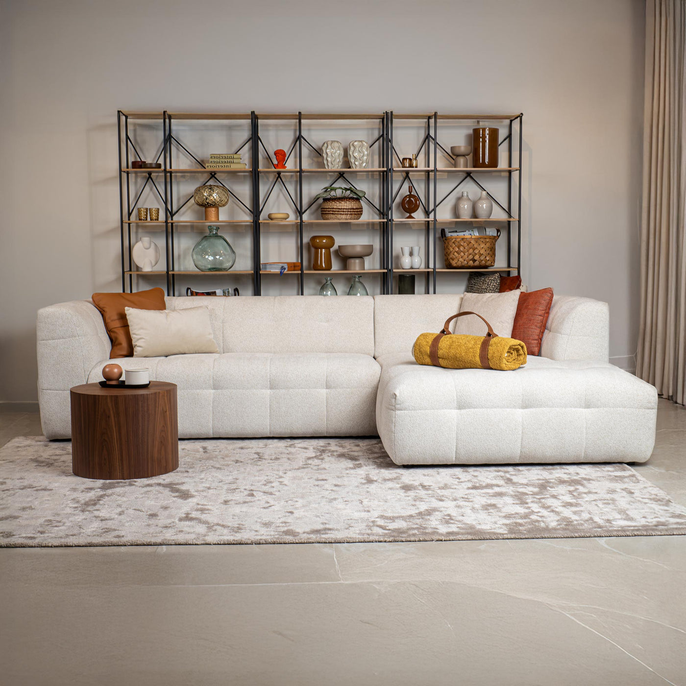 DEYNA Canapé d’angle en tissu capitonné beige - Angle droit