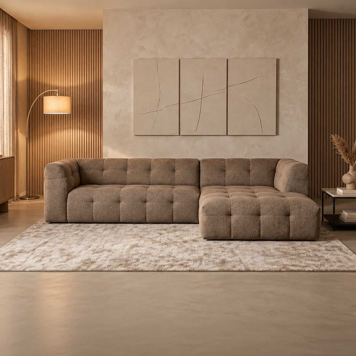 DEYNA Canapé d’angle en tissu capitonné taupe - Angle droit - Canapés d'angle - Mobilier Deco
