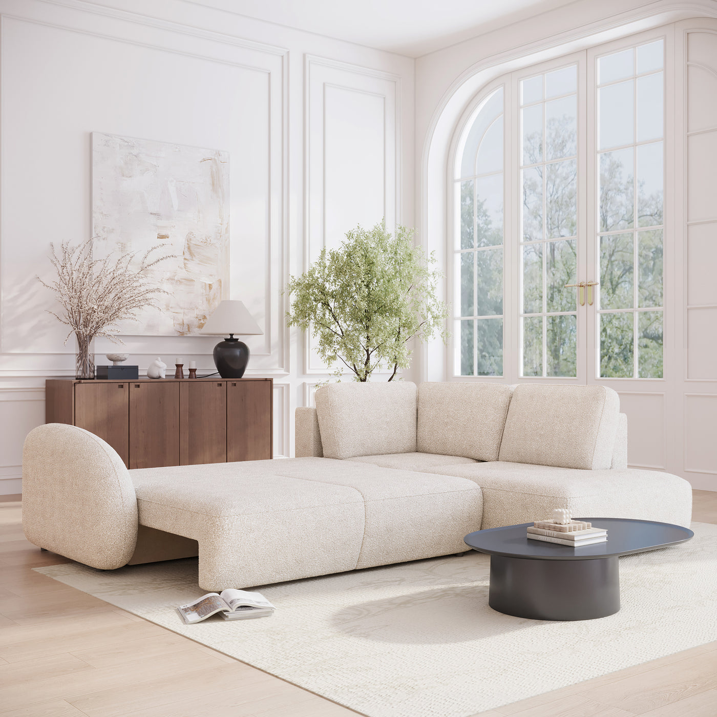 DJENA Canapé d'angle convertible avec coffre en tissu bouclette beige - Angle droit