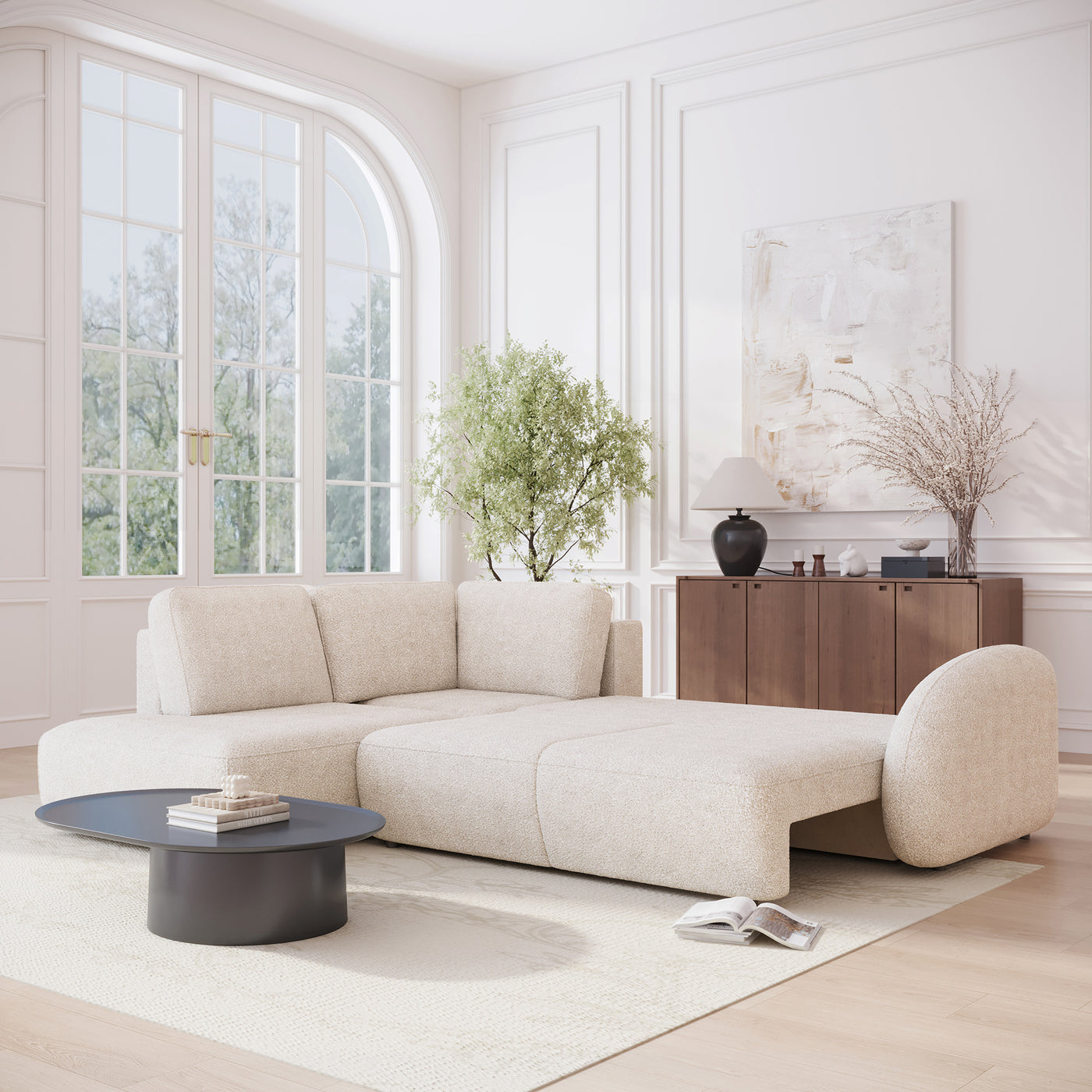 DJENA Canapé d'angle convertible avec coffre en tissu bouclette beige - Angle gauche
