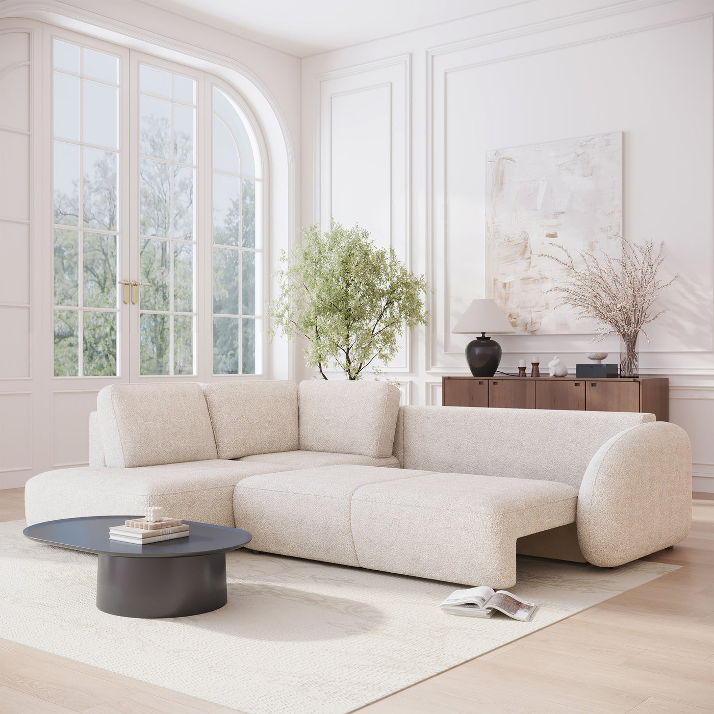 DJENA Canapé d'angle convertible avec coffre en tissu bouclette beige - Angle gauche
