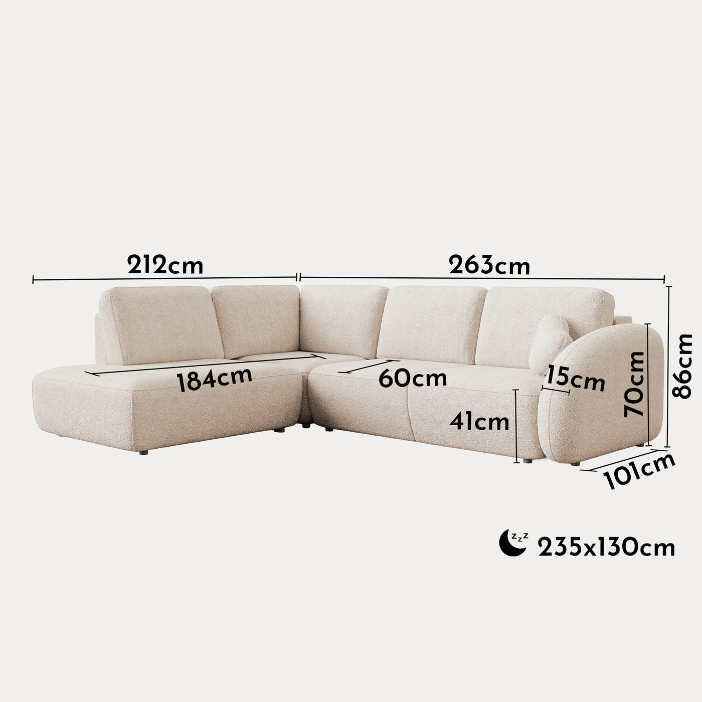 DJENA Canapé d'angle convertible avec coffre en tissu bouclette beige - Angle gauche