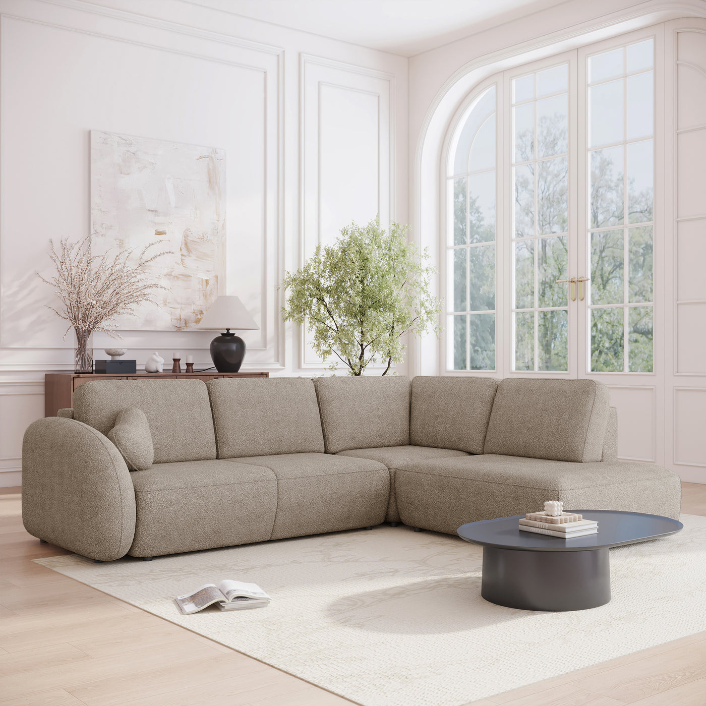 DJENA Canapé d'angle convertible avec coffre en tissu bouclette taupe - Angle droit