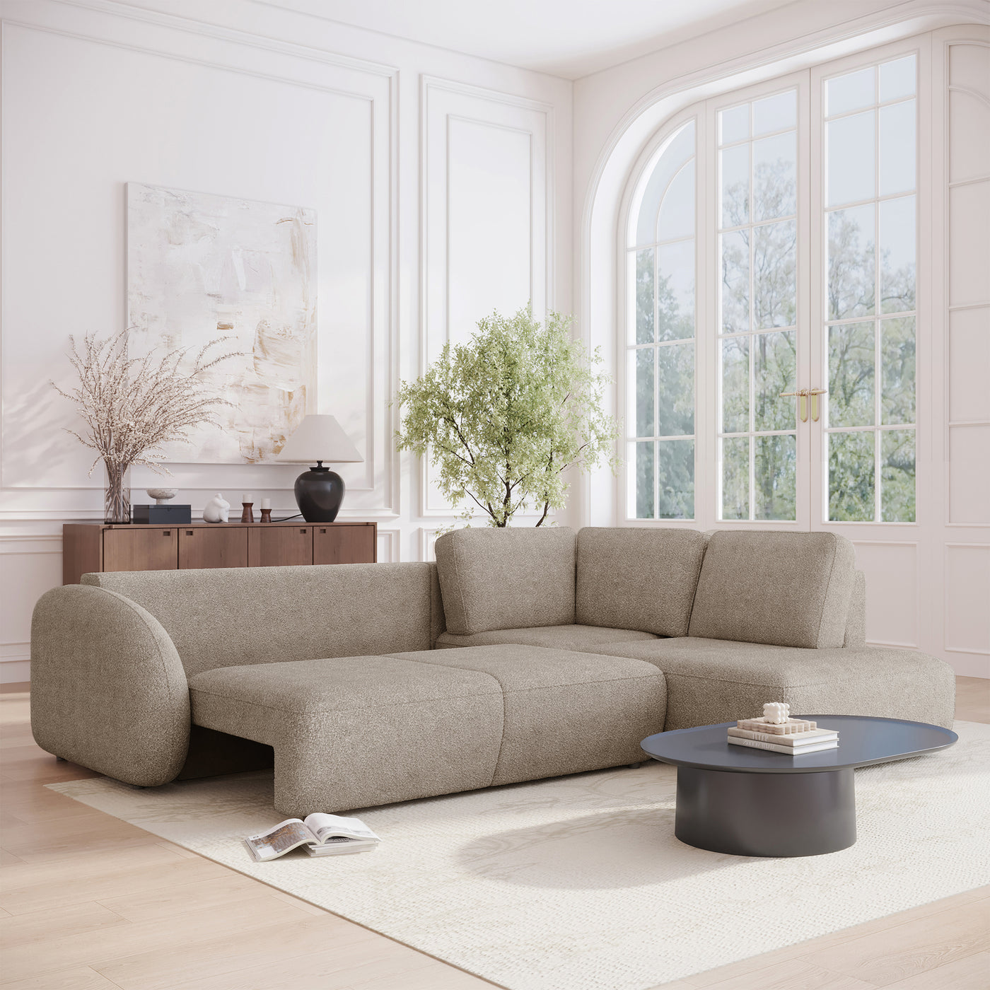 DJENA Canapé d'angle convertible avec coffre en tissu bouclette taupe - Angle droit