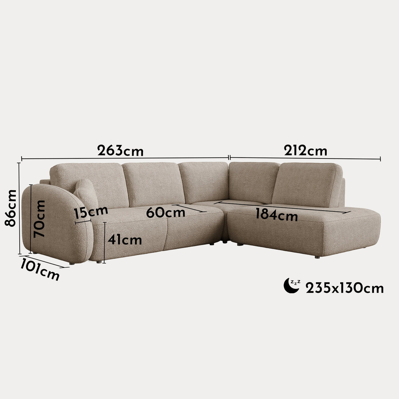 DJENA Canapé d'angle convertible avec coffre en tissu bouclette taupe - Angle droit