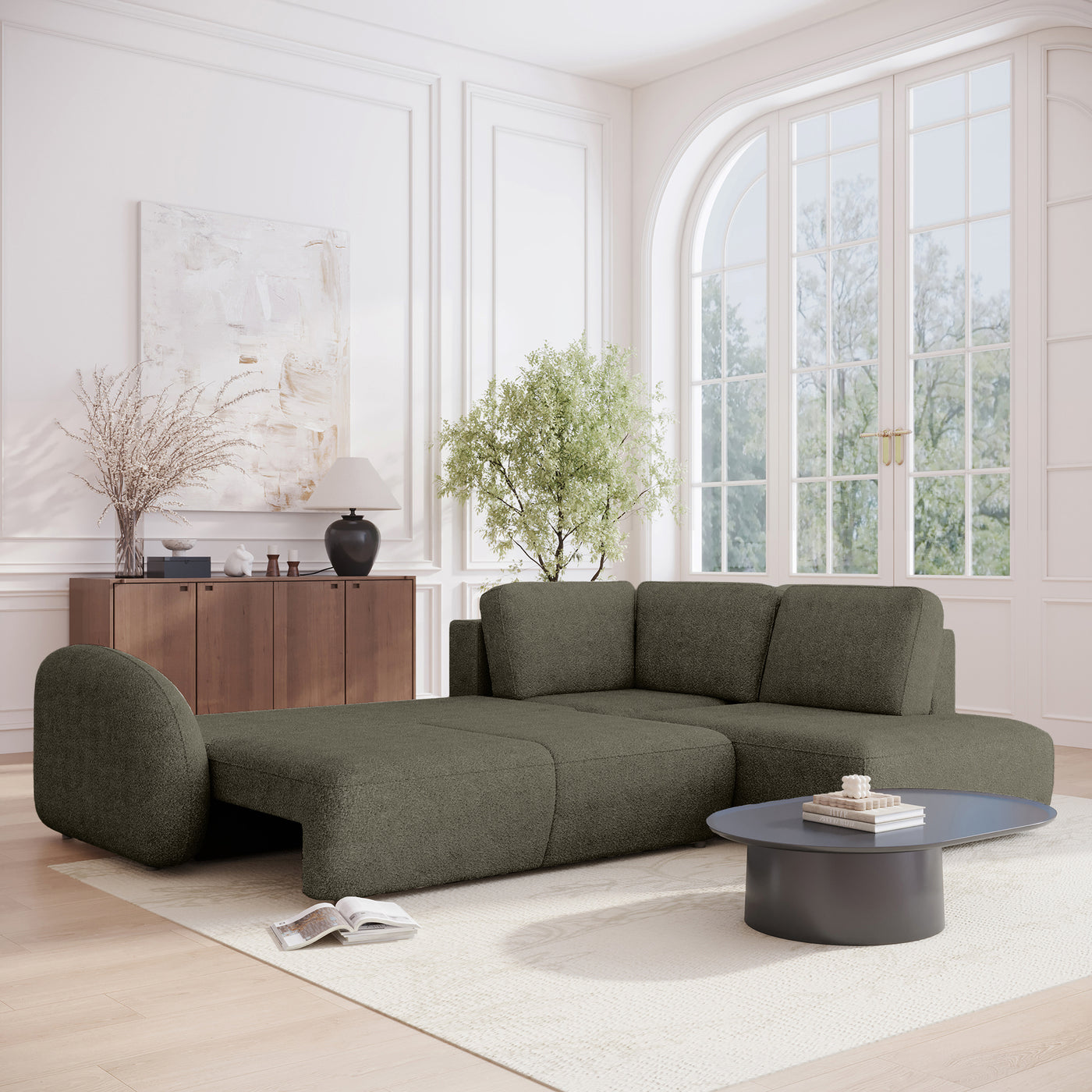 DJENA Canapé d'angle convertible avec coffre en tissu bouclette vert - Angle droit