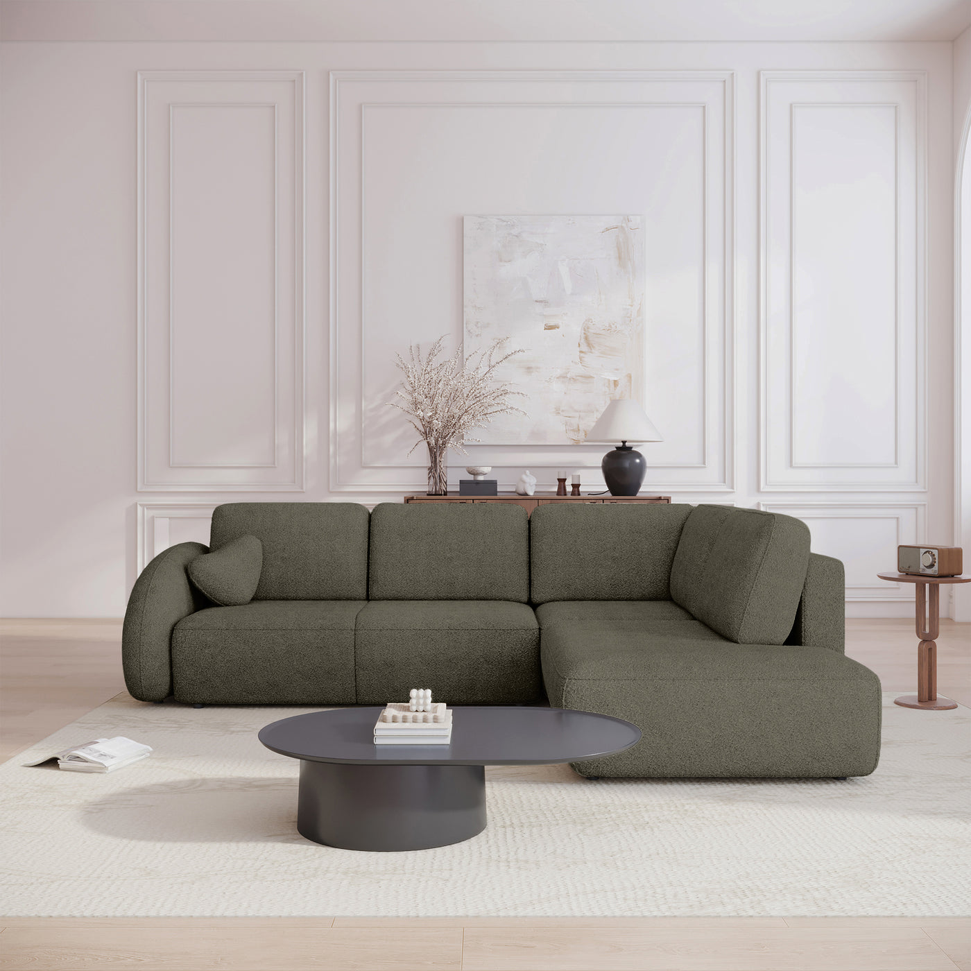 DJENA Canapé d'angle convertible avec coffre en tissu bouclette vert - Angle droit