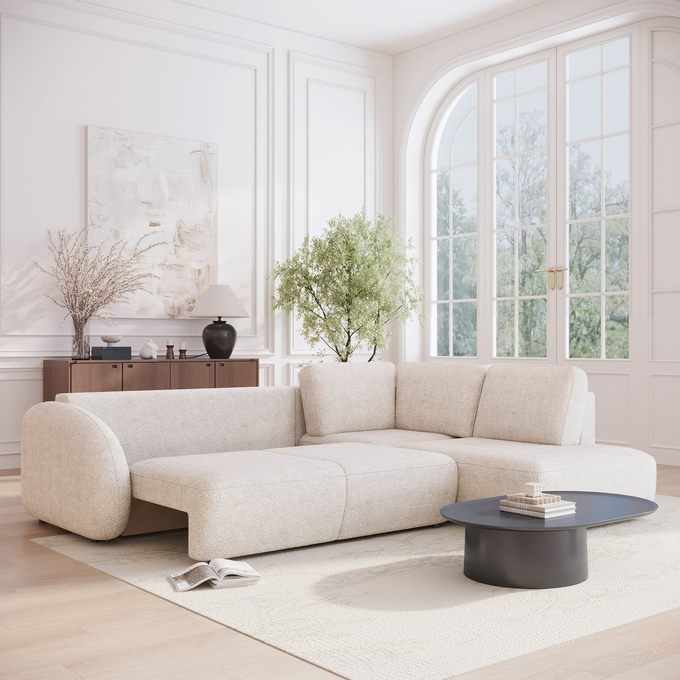 DJENA Canapé d'angle convertible avec coffre en tissu bouclette beige - Angle droit - Canapé d'angle convertible