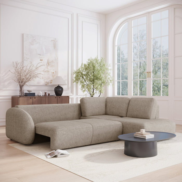 DJENA Canapé d'angle convertible avec coffre en tissu bouclette taupe - Angle droit