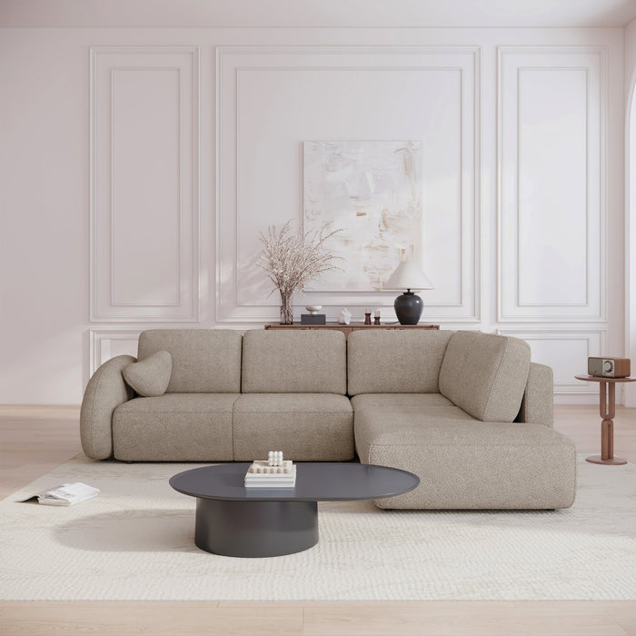 DJENA Canapé d'angle convertible avec coffre en tissu bouclette taupe - Angle droit
