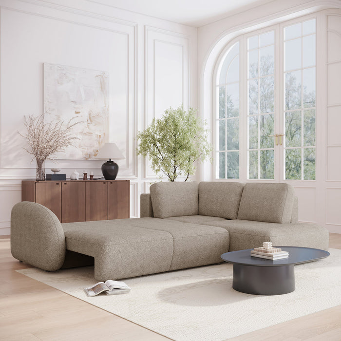 DJENA Canapé d'angle convertible avec coffre en tissu bouclette taupe - Angle droit