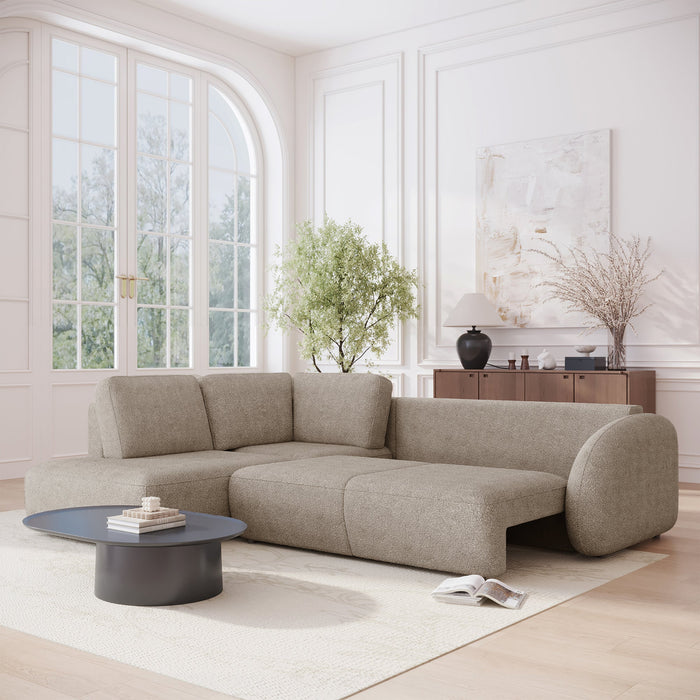 DJENA Canapé d'angle convertible avec coffre en tissu bouclette taupe - Angle gauche