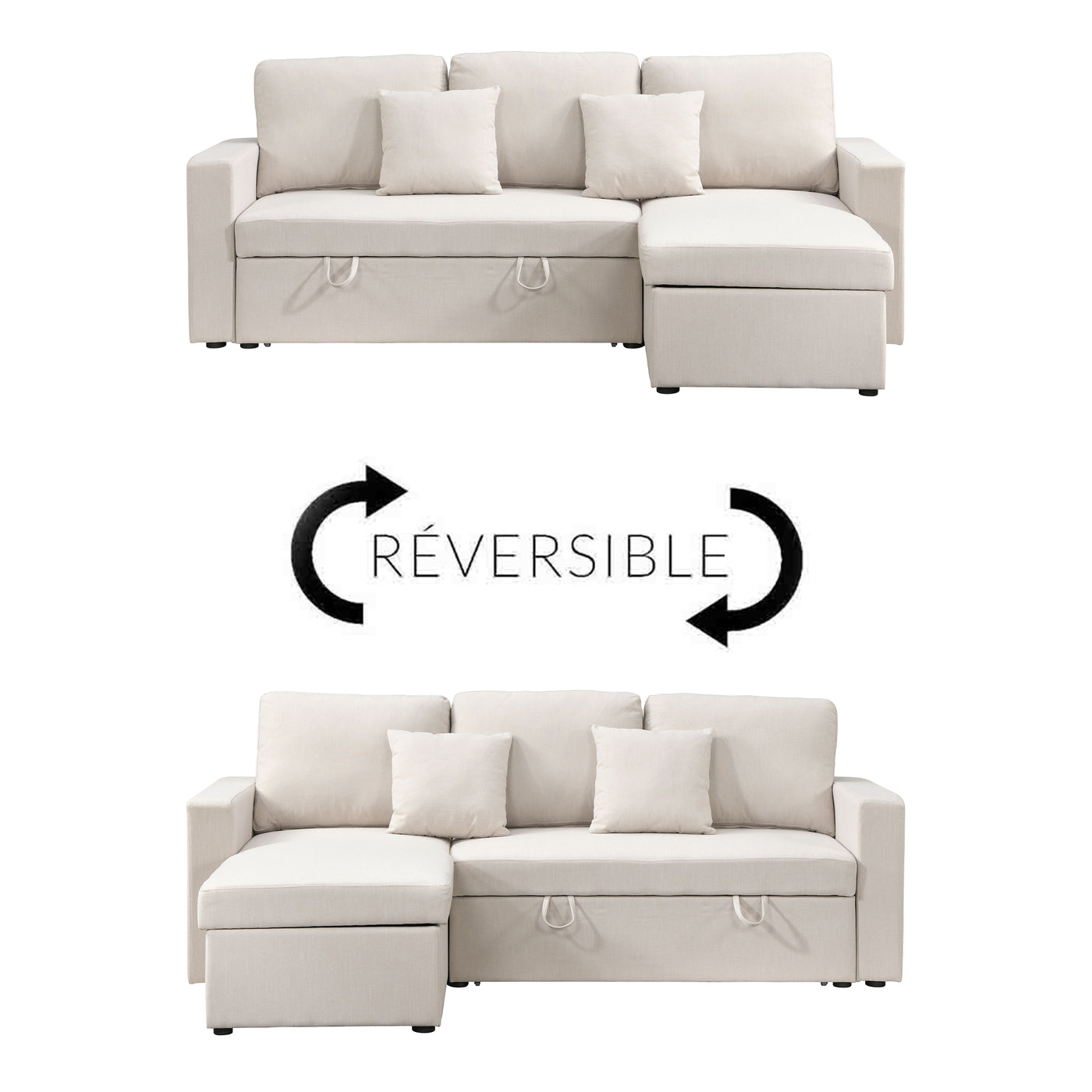 DORIA Canapé d'angle convertible et réversible avec coffre en tissu beige