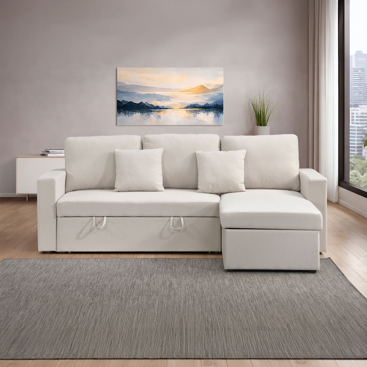 DORIA Canapé d'angle convertible et réversible avec coffre en tissu beige