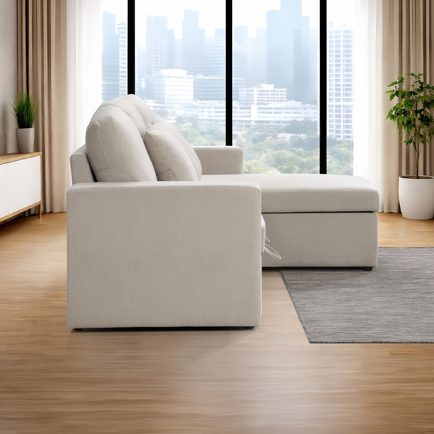DORIA Canapé d'angle convertible et réversible avec coffre en tissu beige