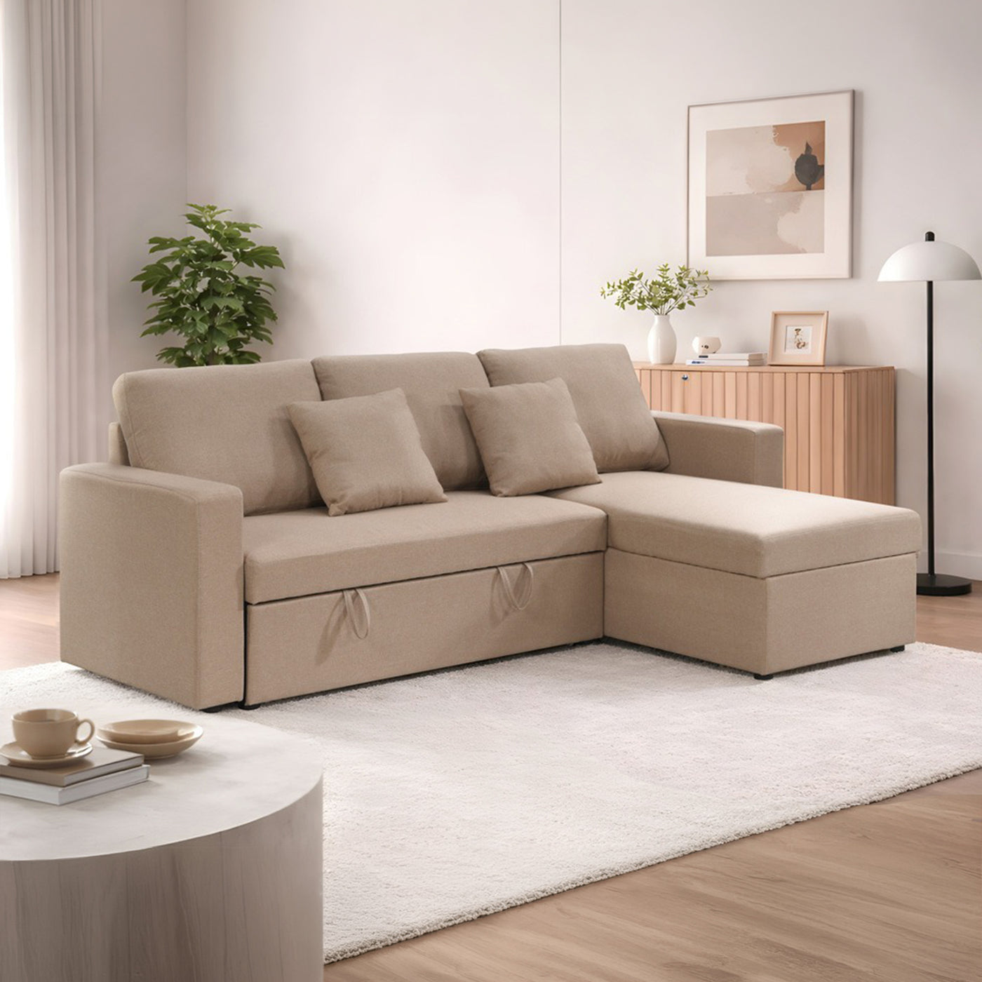 DORIA Canapé d'angle convertible et réversible avec coffre en tissu taupe
