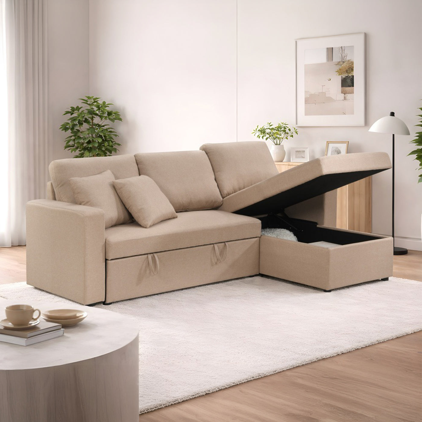 DORIA Canapé d'angle convertible et réversible avec coffre en tissu taupe