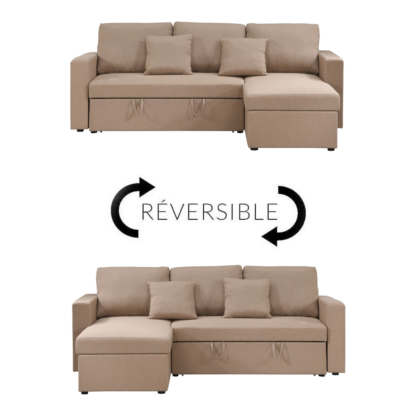 DORIA Canapé d'angle convertible et réversible avec coffre en tissu taupe