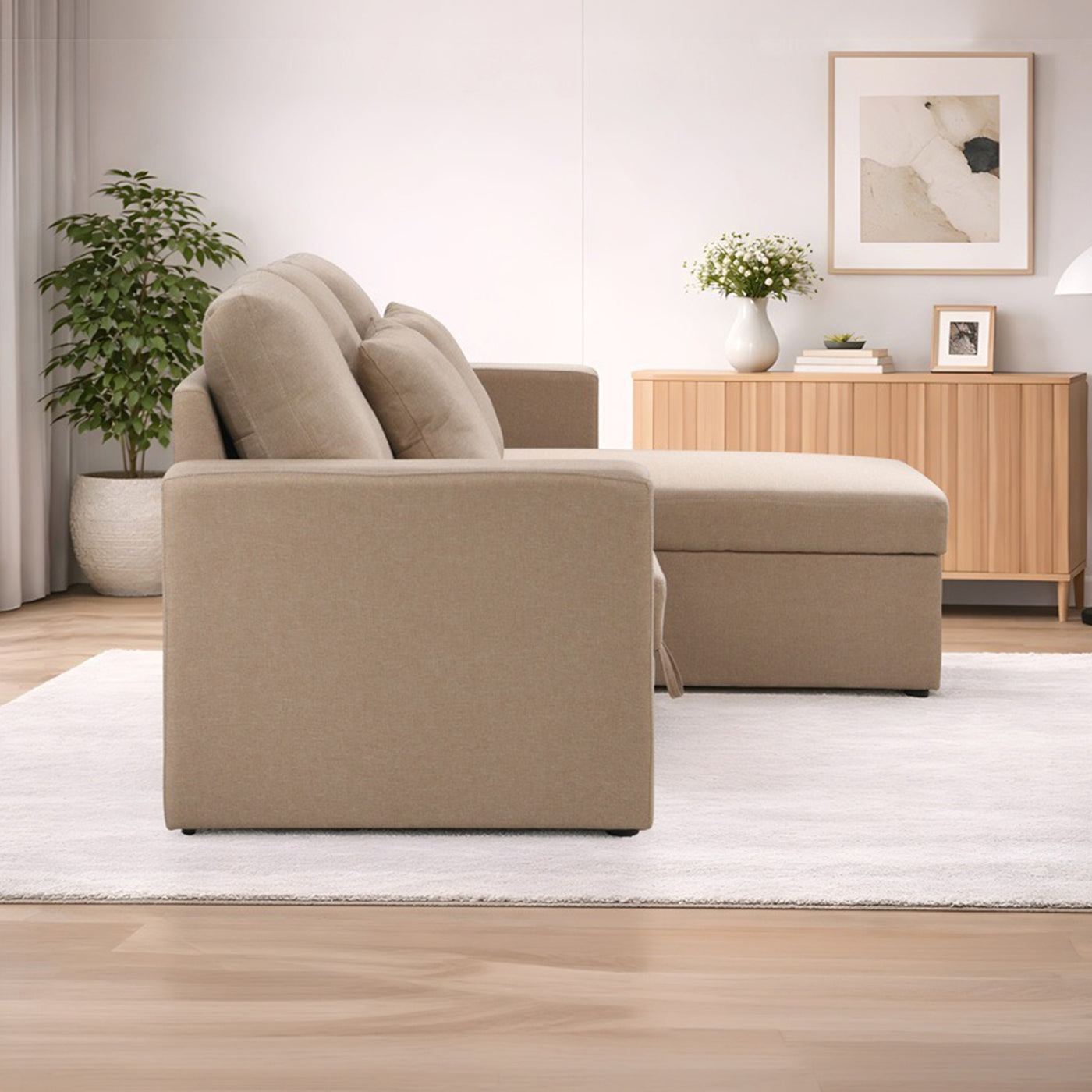 DORIA Canapé d'angle convertible et réversible avec coffre en tissu taupe