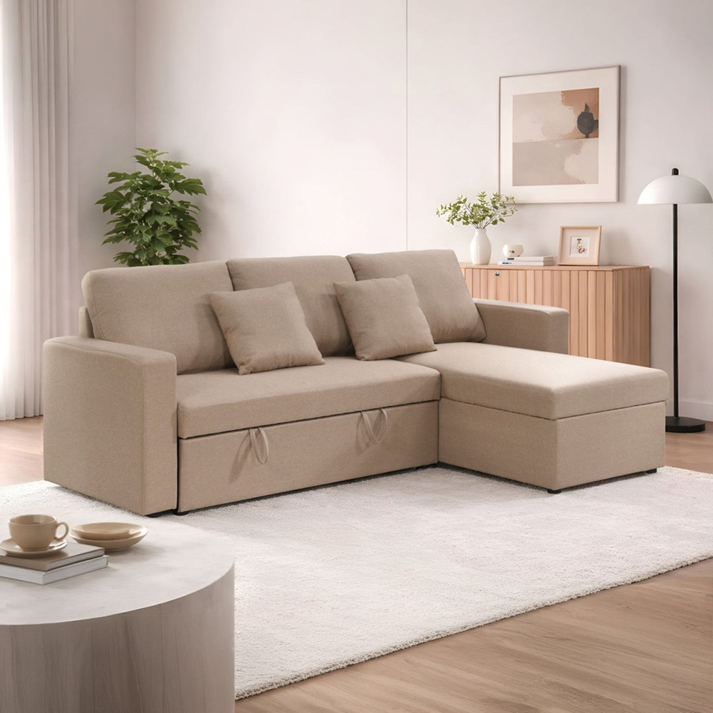 DORIA Canapé d'angle convertible et réversible avec coffre en tissu taupe - Canapé d'angle convertible - Mobilier Deco
