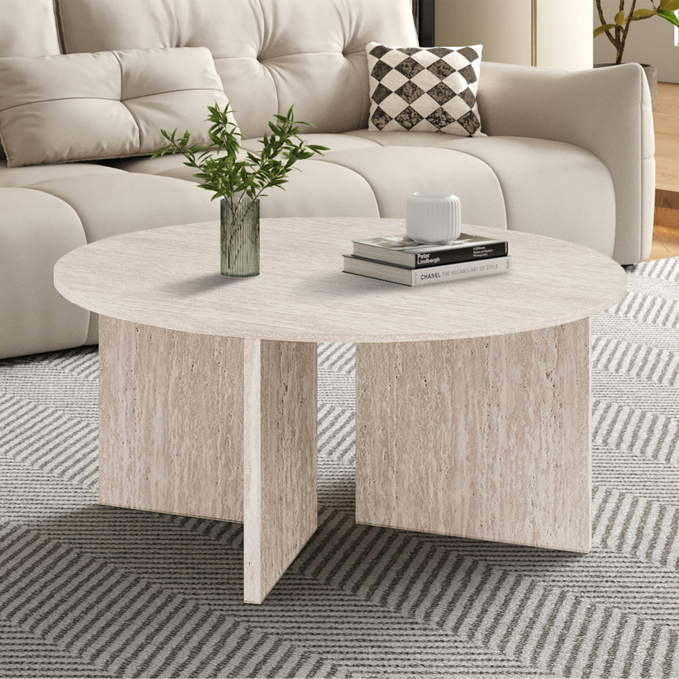 DRASIR Table basse ronde couleur travertin beige D90 cm