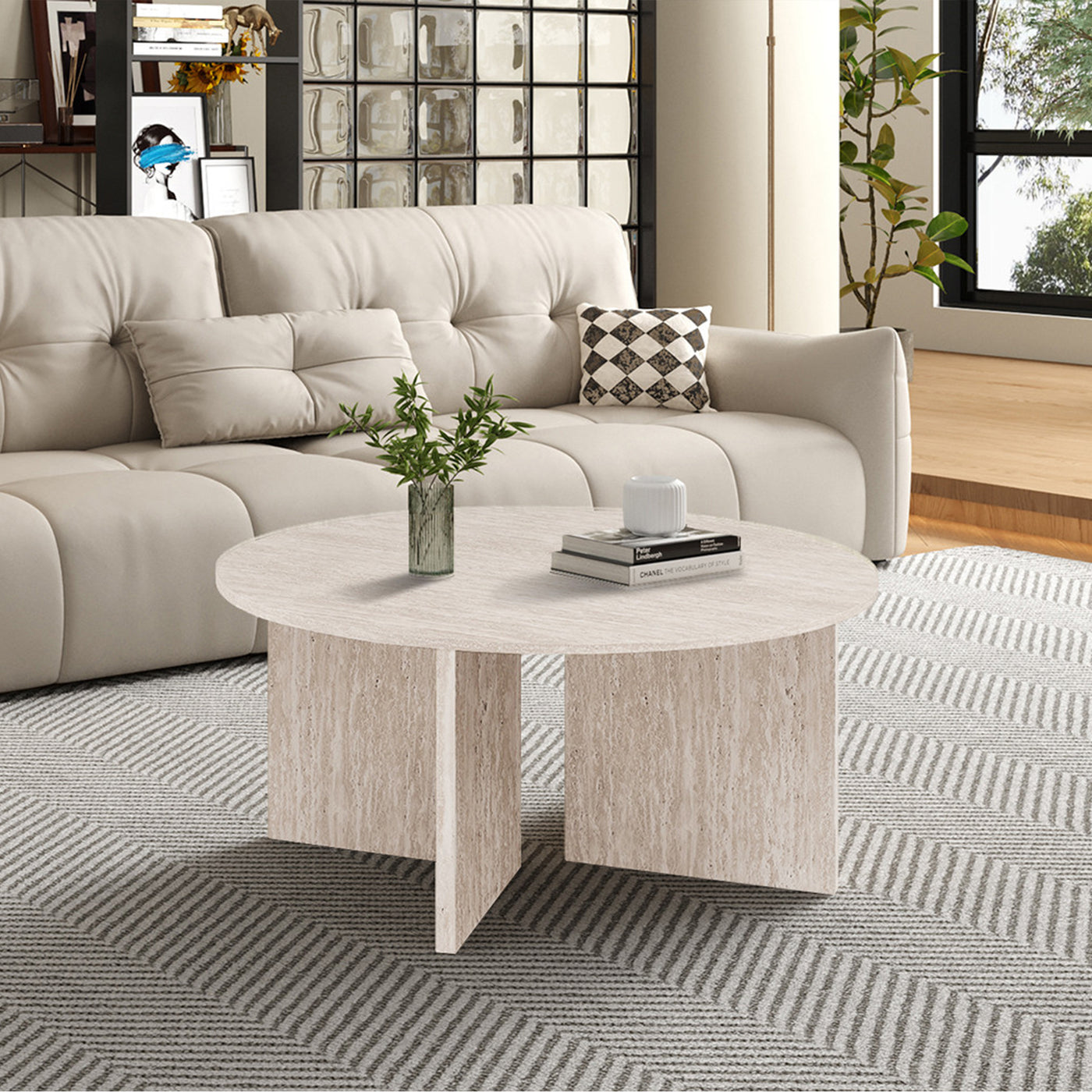 DRASIR Table basse ronde couleur travertin beige D90 cm