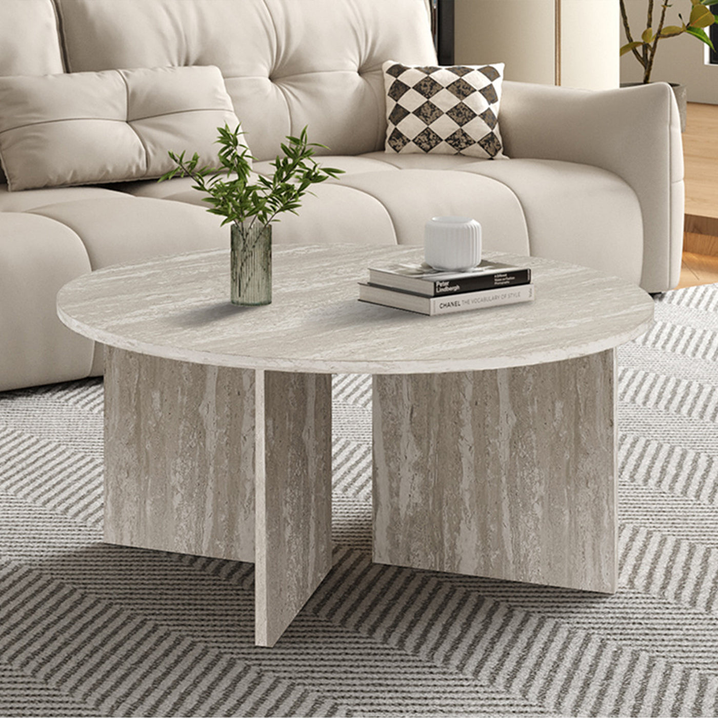 DRASIR Table basse ronde couleur travertin gris D90 cm