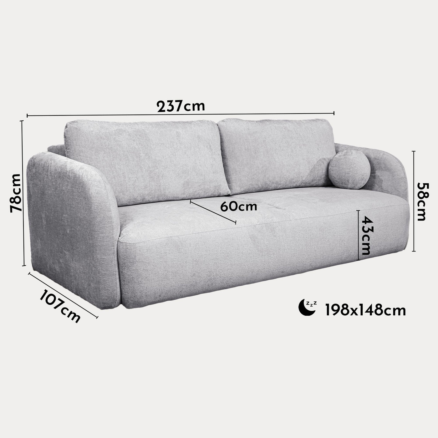 DRIXY Canapé 3 places convertible avec coffre en tissu gris