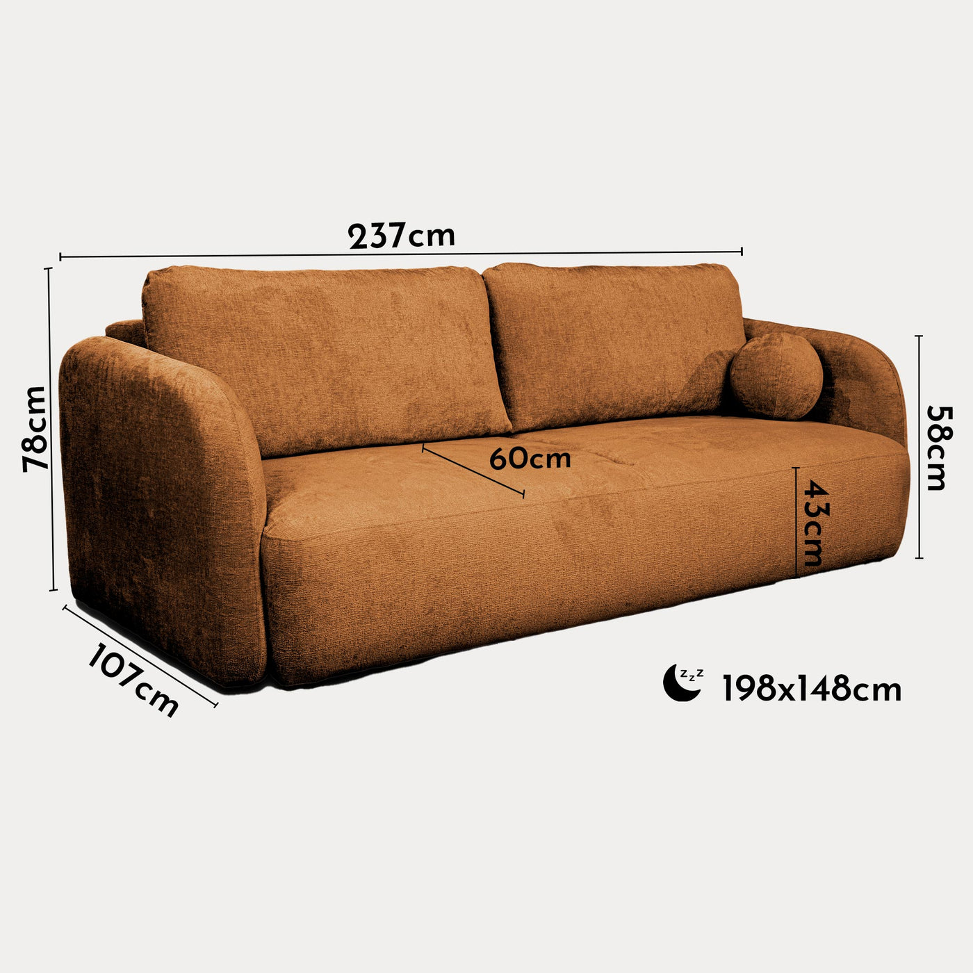 DRIXY Canapé 3 places convertible avec coffre en tissu orange
