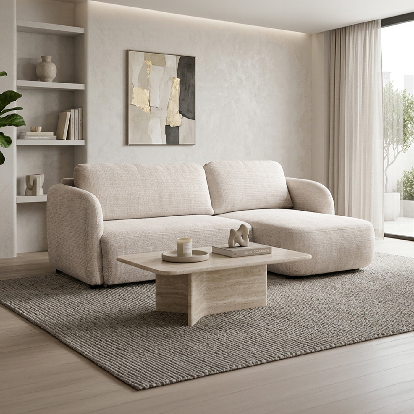 DRIXY Canapé d'angle convertible avec coffre en tissu beige - Angle droit