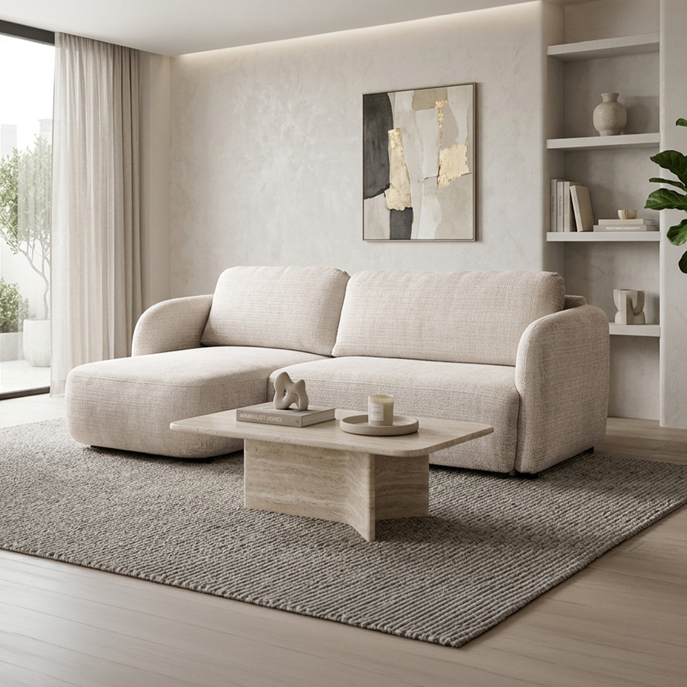 DRIXY Canapé d'angle convertible avec coffre en tissu beige - Angle gauche