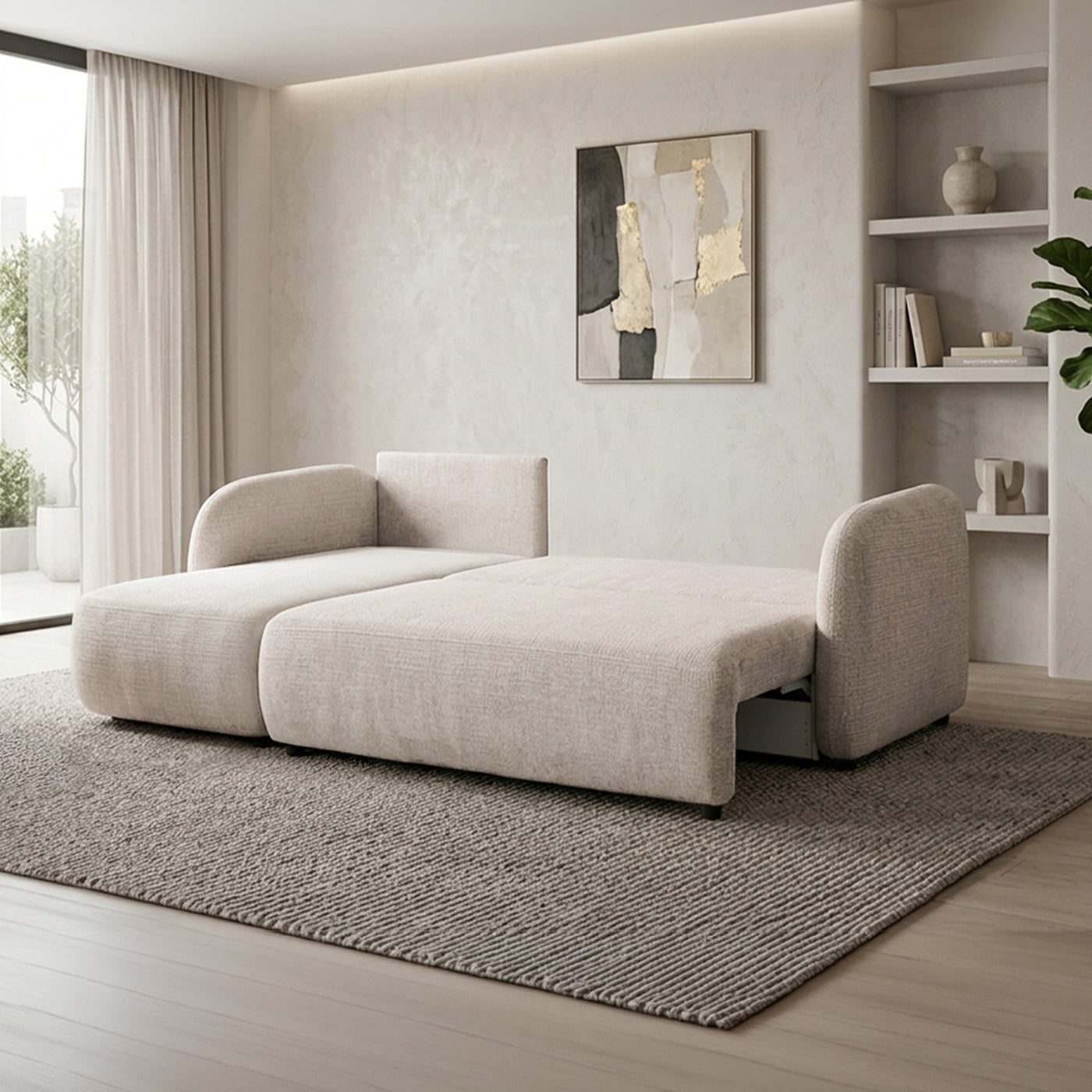 DRIXY Canapé d'angle convertible avec coffre en tissu beige - Angle gauche