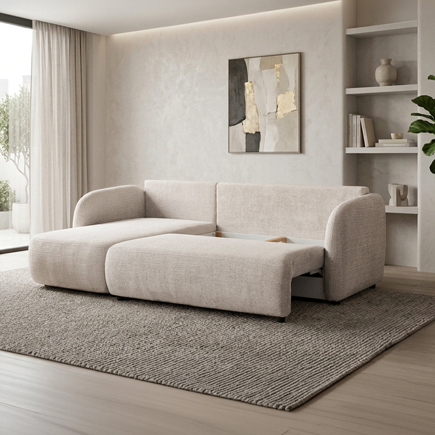 DRIXY Canapé d'angle convertible avec coffre en tissu beige - Angle gauche