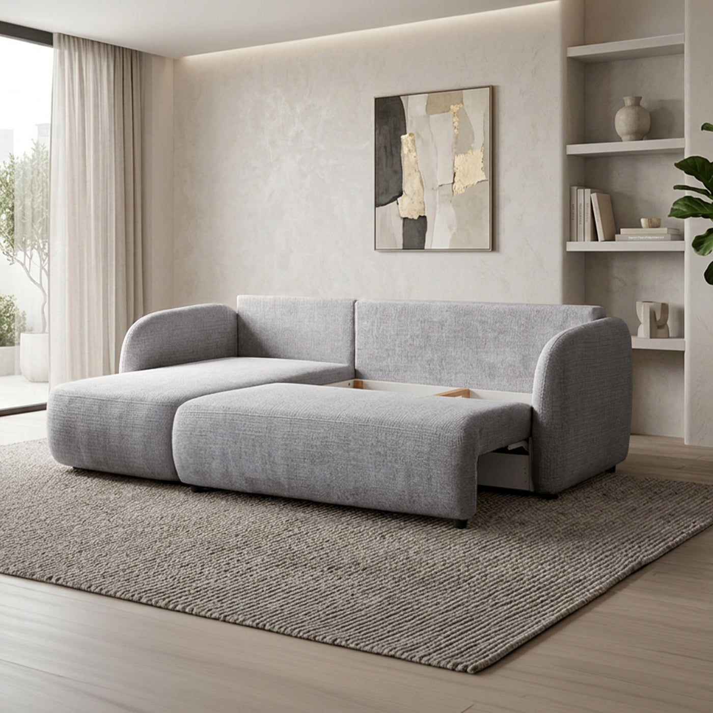 DRIXY Canapé d'angle convertible avec coffre en tissu gris - Angle gauche